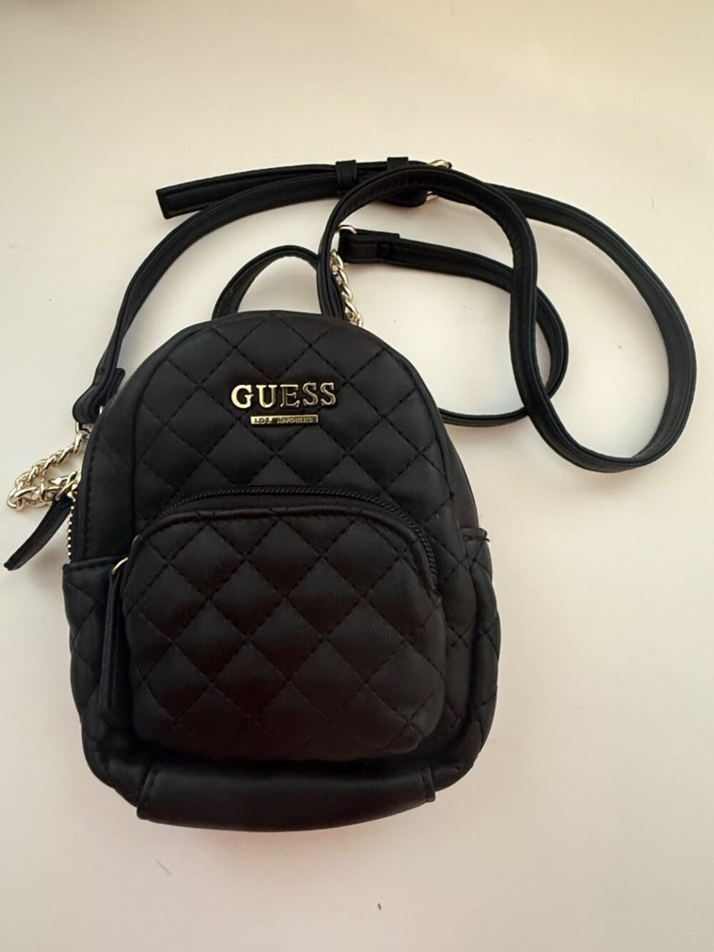 Guess Quilted Black Mini Backpack With Chain Strap & Gold Accents